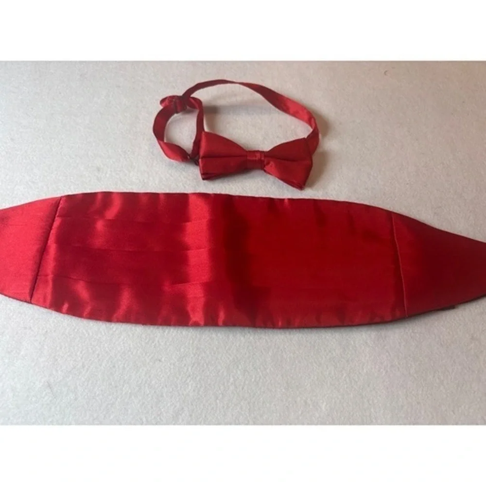 Unbranded Cummerbund Bow Tie Set Mens OS Red Formal Satin Pleated USA